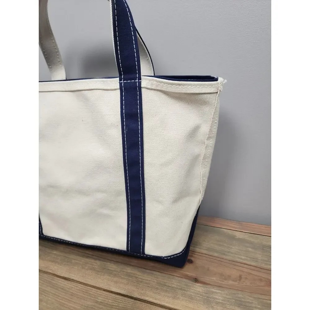 L.L.BEAN Vintage Zip Top Boat and Tote Medium Natural Navy Canvas 16x12 USA - Picture 3 of 16
